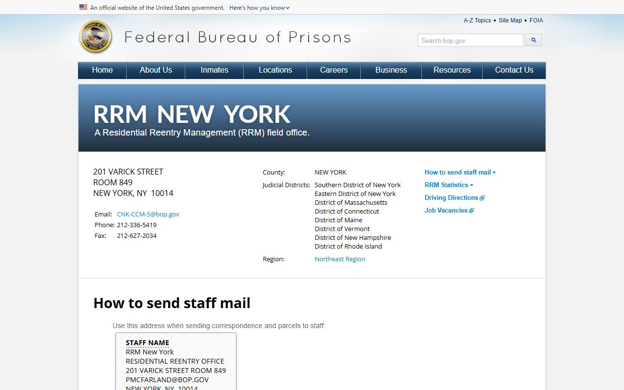 Federal Bureau of Prisons RRM New York office page