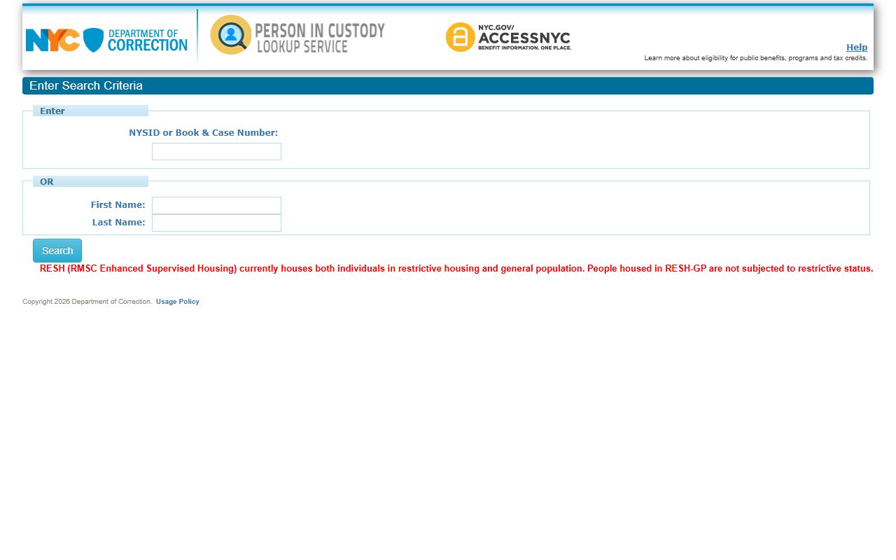 New York County inmate search form in the NYC DOC Person in Custody Lookup